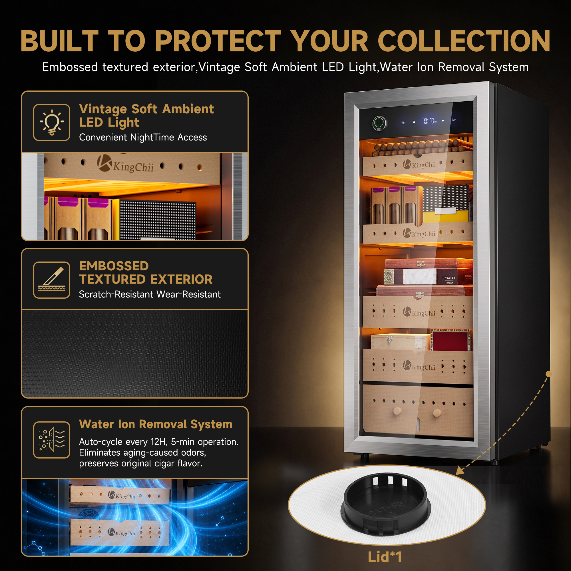 Gold Cigar Humidor Cabinet with Compressor Cooling and Smart Protection for Long-Term Cigar Collection