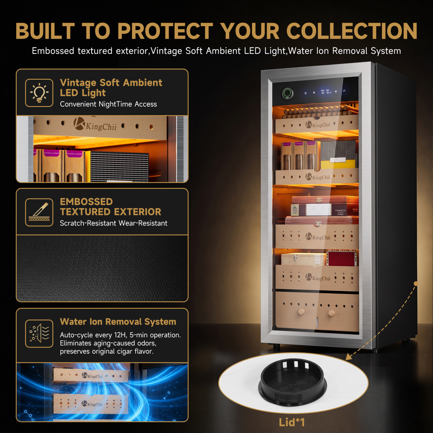 Gold Cigar Humidor Cabinet with Compressor Cooling and Smart Protection for Long-Term Cigar Collection