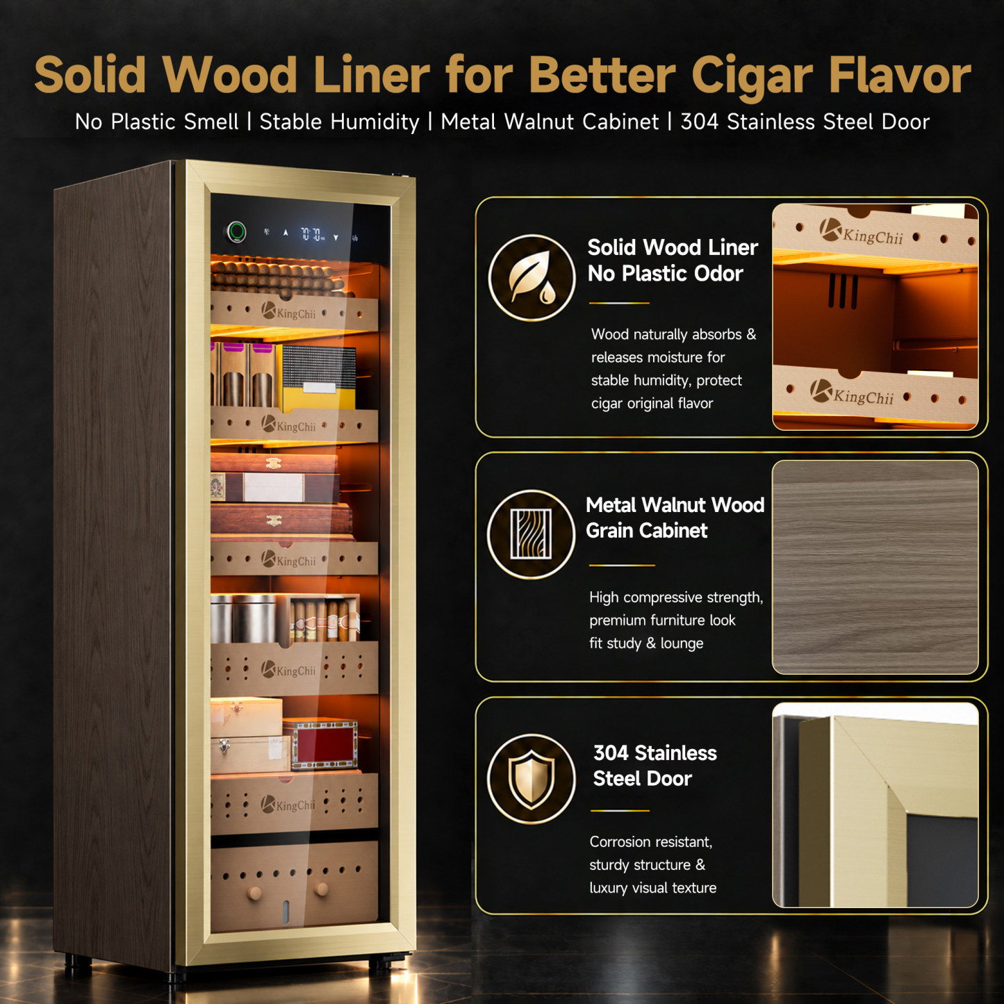 KingChii Pro 160L Compressor Electric Cigar Humidor, Temp & Humidity Control, 1300 cigar Capacity-Gold