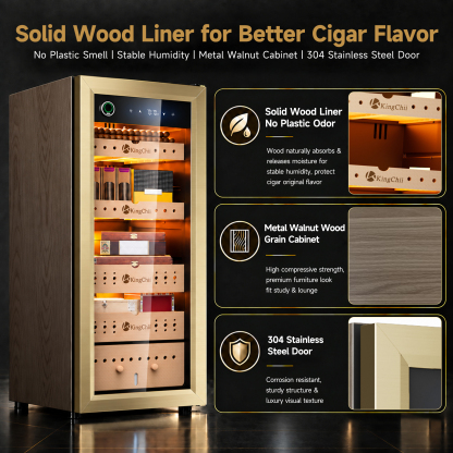 KingChii Pro 105L  Compressor Cigar Humidor Cabinet with Auto Temperature & Humidity Control, 900 Capacity-Gold