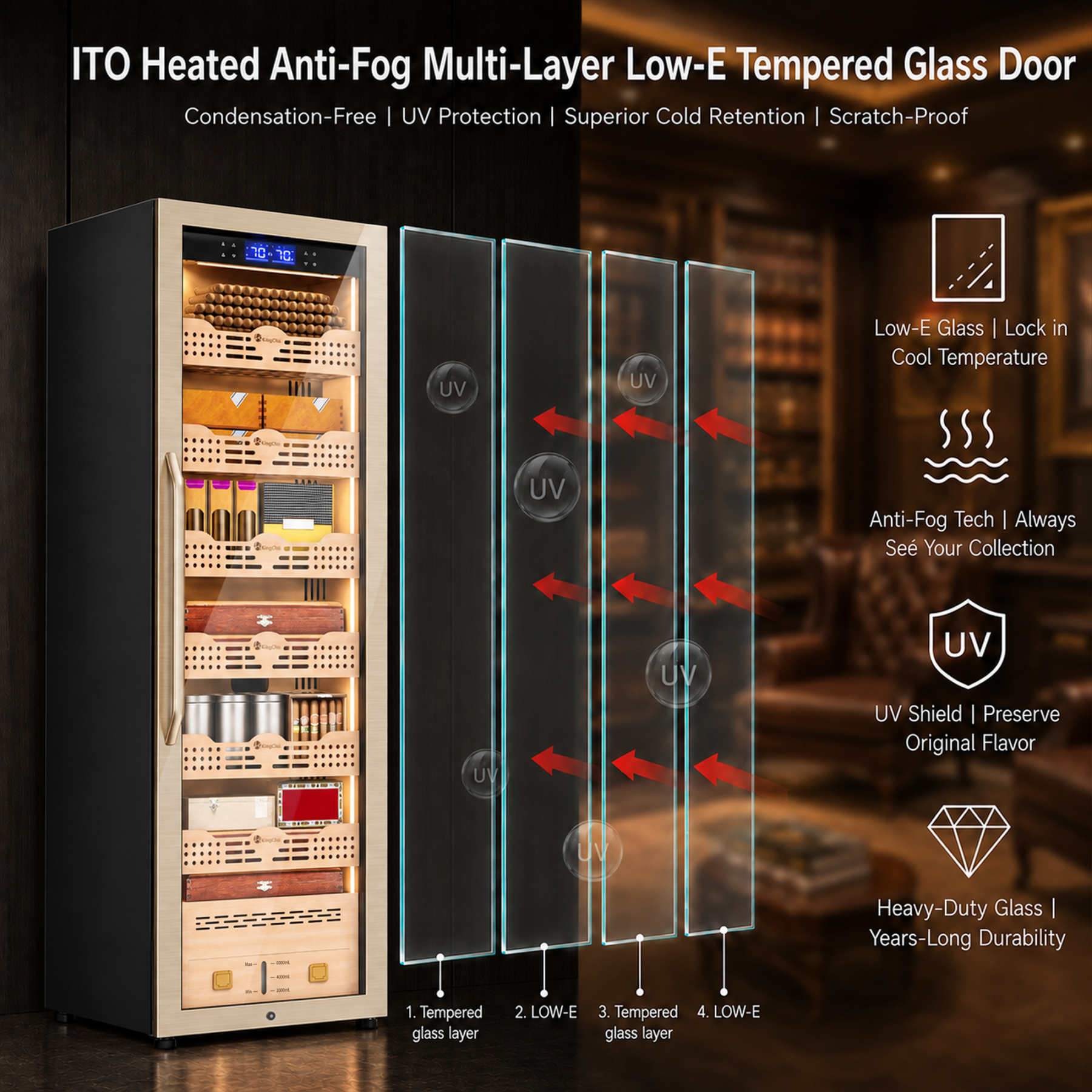 KingChii Pro 338L Smart Compressor Cigar Humidor Cabinet , Gold Glass Door & Compressor Cooling-2180 cigars