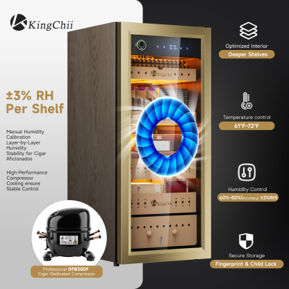 KingChii Pro 105L  Compressor Cigar Humidor Cabinet with Auto Temperature & Humidity Control, 900 Capacity-Gold