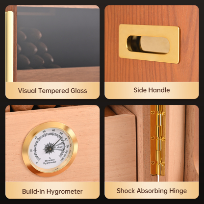 KingChii Cigar Humidor, Light Control System with Spanish Cedar Wood Drawer, Hygrometer, 3 Humidifiers and Cigar Accessories Drawer, Father's Day Gift for Men, Holds 100 Cigars (Brown)