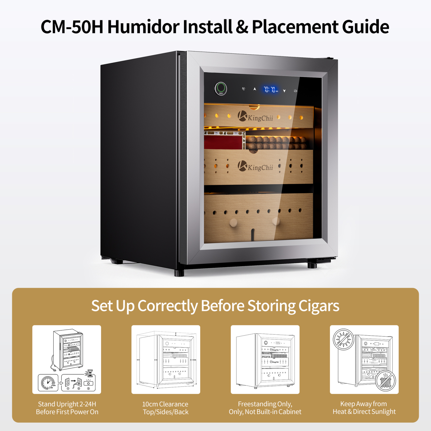 KingChii 50L Electric Compression Cigar Humidor, Temperature & Humidity Control Cabinet, Built-in Fingerprint Lock with Spanish Cedar Wood Shelves & Drawer Hygrometer for Lounge/Home Use-300 Capacity