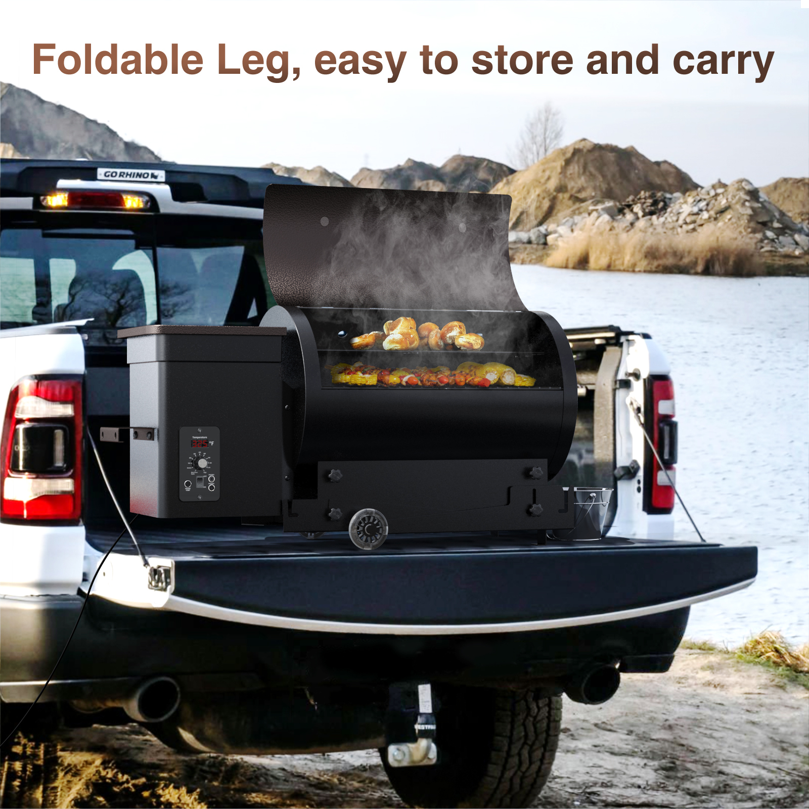 KingChii Wood Pellet Smoker & Grill, 456 sq. in BBQ Smoker with Auto Temperature Control, Folding Legs for Outdoor Patio RV, Bronze