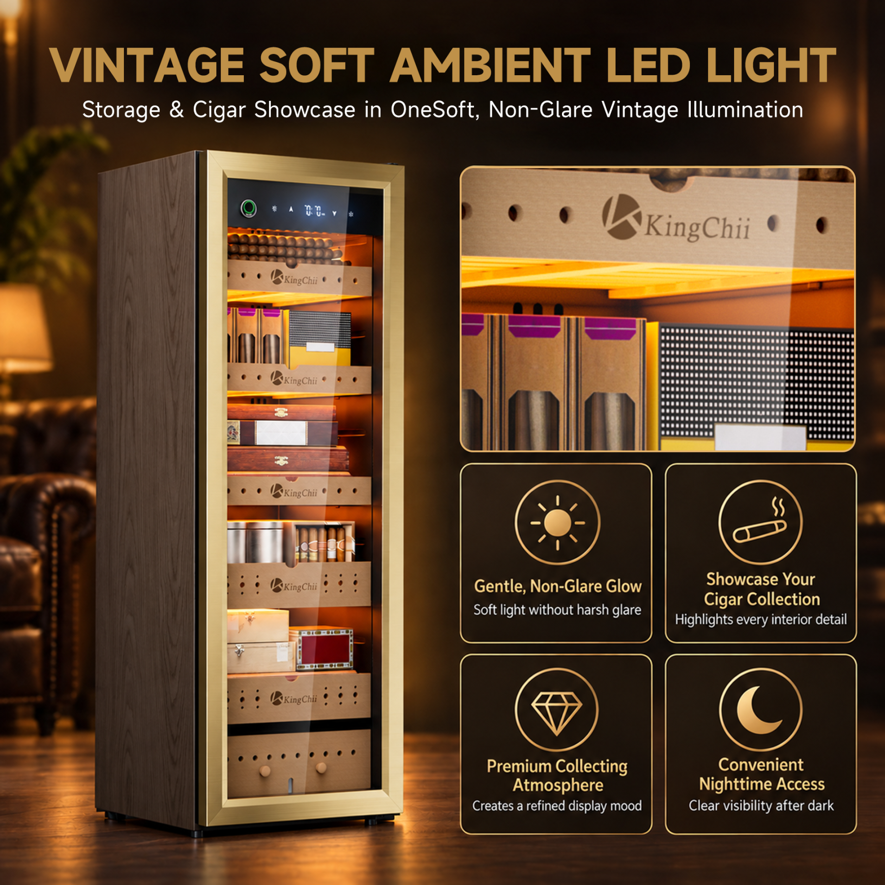 KingChii Pro 160L Compressor Electric Cigar Humidor, Temp & Humidity Control, 1300 cigar Capacity-Gold