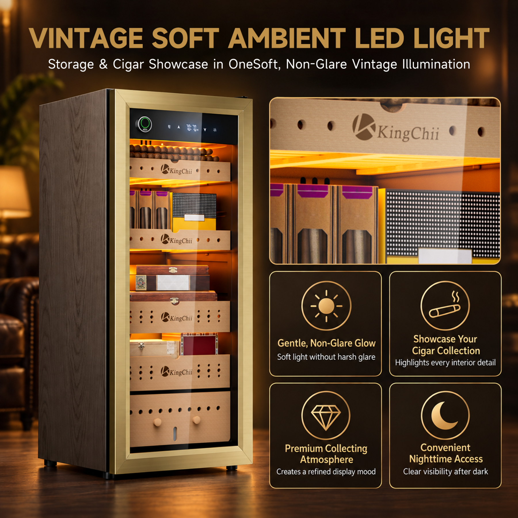 KingChii Pro 105L  Compressor Cigar Humidor Cabinet with Auto Temperature & Humidity Control, 900 Capacity-Gold