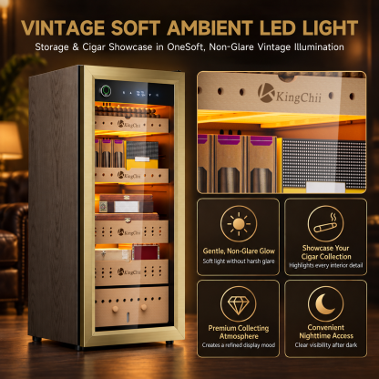 KingChii Pro 105L  Compressor Cigar Humidor Cabinet with Auto Temperature & Humidity Control, 900 Capacity-Gold