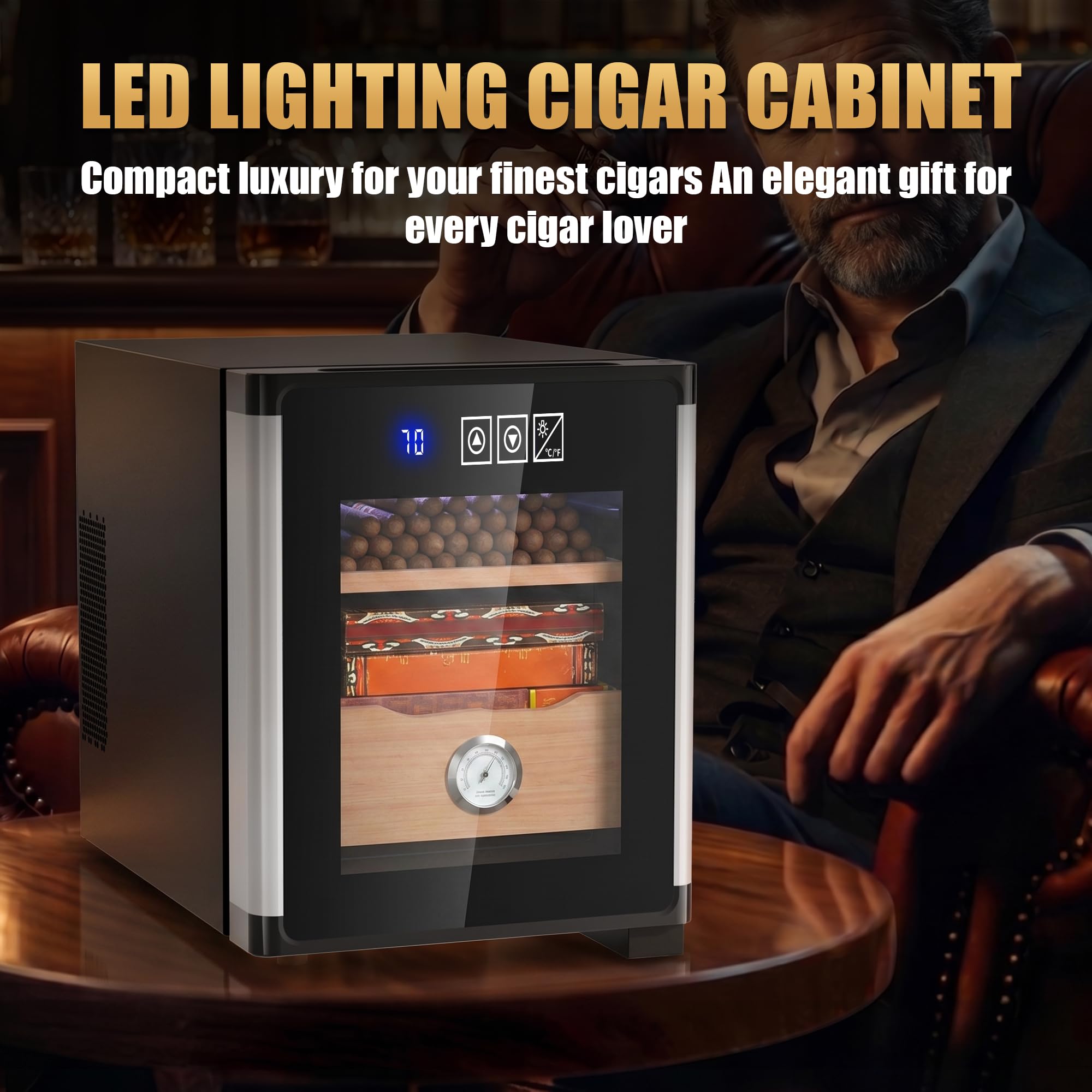 KingChii 8L Electric Cigar Humidor with New Shape Design, Digital Temperature Control Cabinet, Spanish Cedar Shelves & Hygrometer - 80 Capacity (2 Layers)