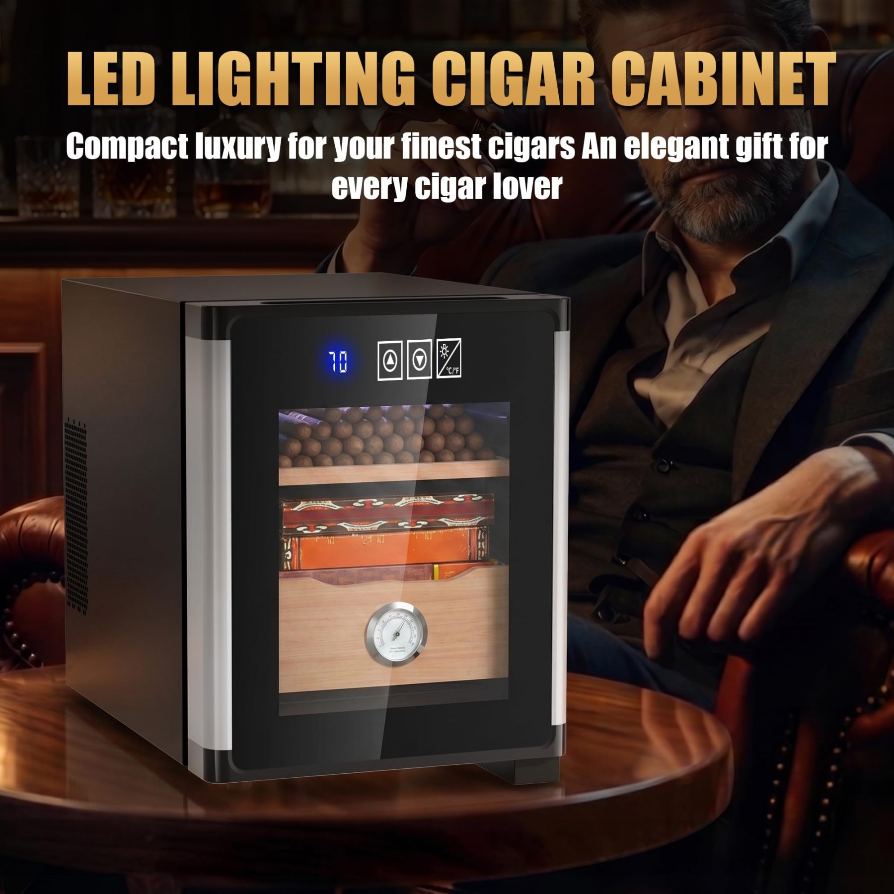KingChii 8L Electric Cigar Humidor with New Shape Design, Digital Temperature Control Cabinet, Spanish Cedar Shelves & Hygrometer - 80 Capacity (2 Layers)