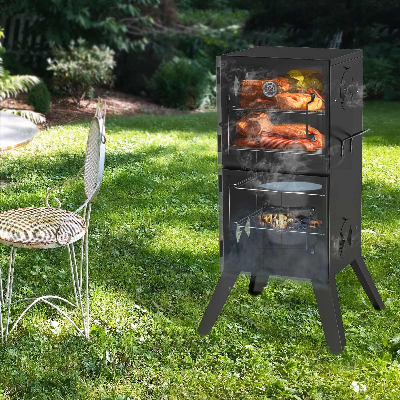 Kingchii Vertical Charcoal Smoker BBQ Grill with Built-in Thermometer, Portable Smoker for Backyard, Camping, Barbecue, and Outdoor Grilling