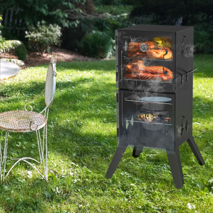Kingchii Vertical Charcoal Smoker BBQ Grill with Built-in Thermometer, Portable Smoker for Backyard, Camping, Barbecue, and Outdoor Grilling