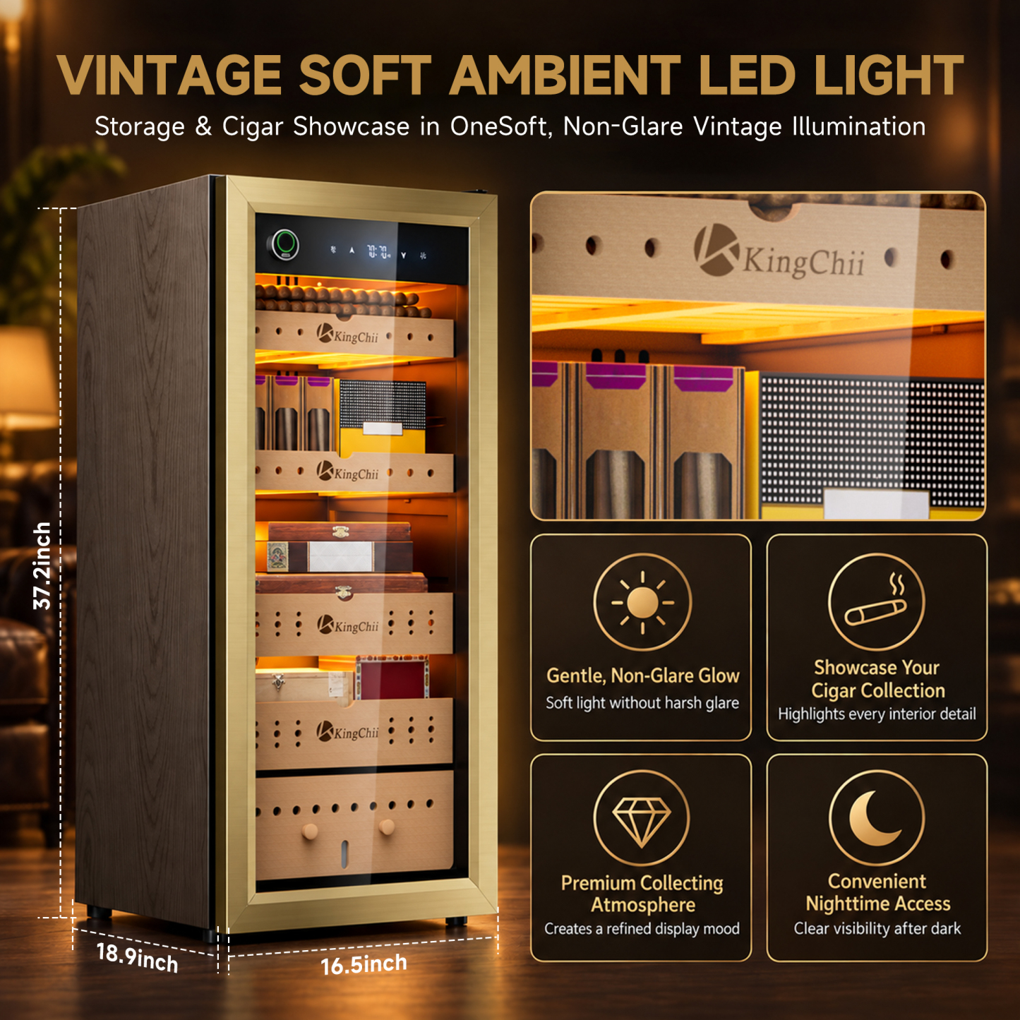 KingChii Pro 105L  Compressor Cigar Humidor Cabinet with Auto Temperature & Humidity Control, 900 Capacity-Gold