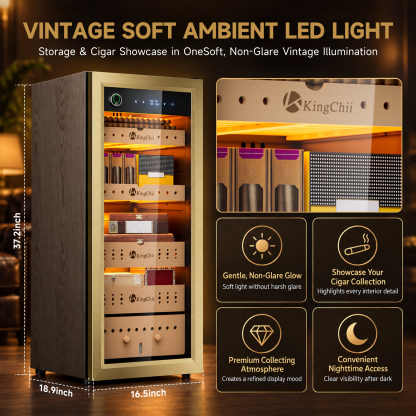 KingChii Pro 105L  Compressor Cigar Humidor Cabinet with Auto Temperature & Humidity Control, 900 Capacity-Gold