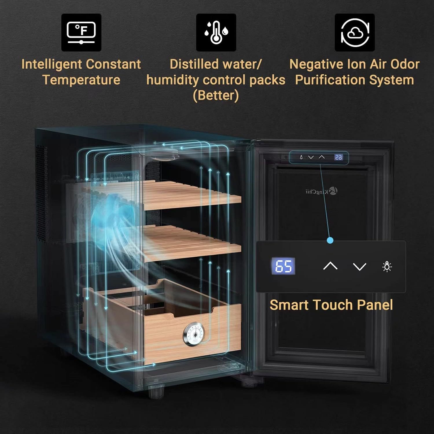 KingChii®23L Electric Cigar Humidors Temperature Control System, Cooling & Heating Humidor Cabinet with Spanish Cedar Wood Shelves & Hygrometer, Father's Day Gifts for Men (3 Layers 150 Capacity)