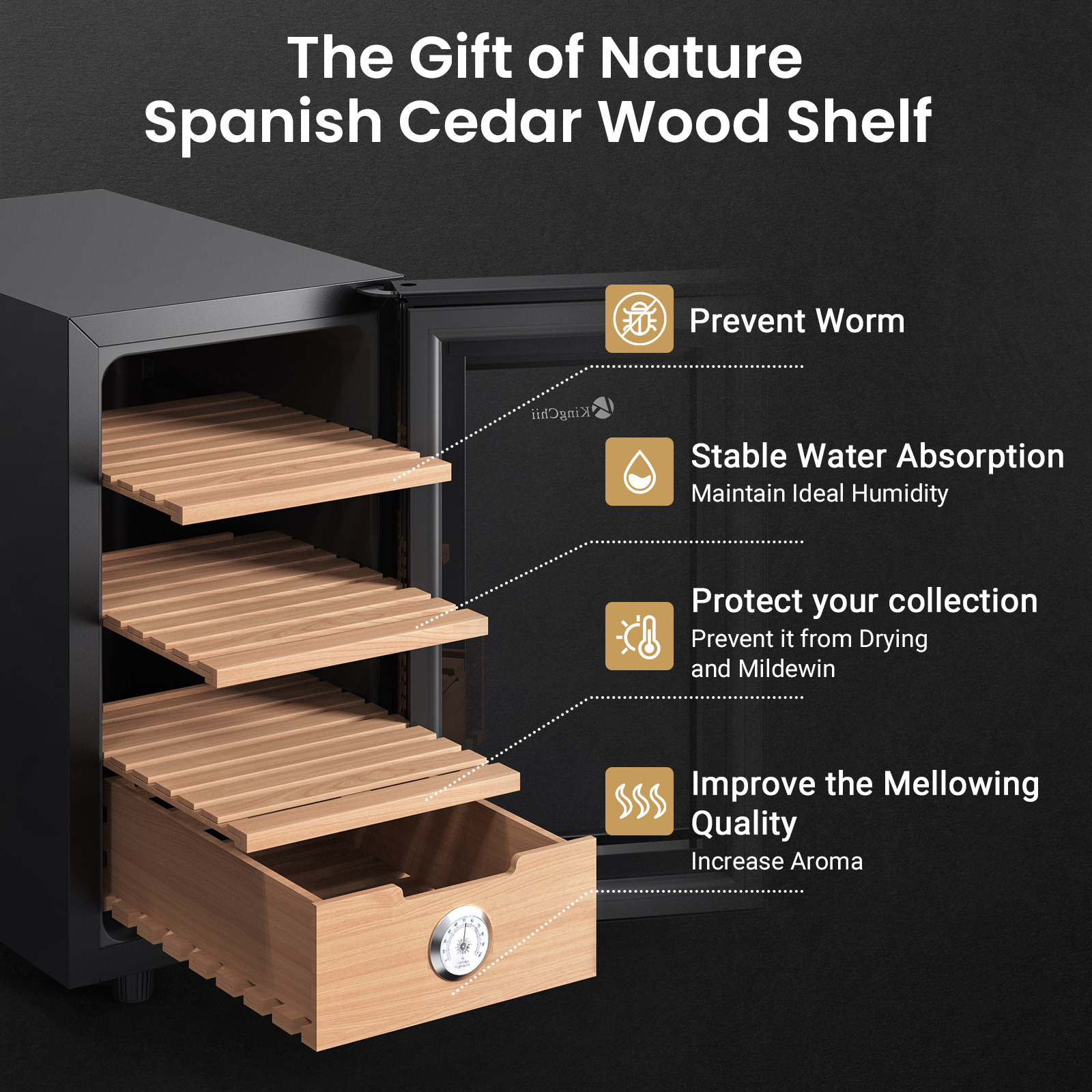 KingChii®23L Electric Cigar Humidors Temperature Control System, Cooling & Heating Humidor Cabinet with Spanish Cedar Wood Shelves & Hygrometer, Father's Day Gifts for Men (3 Layers 150 Capacity)