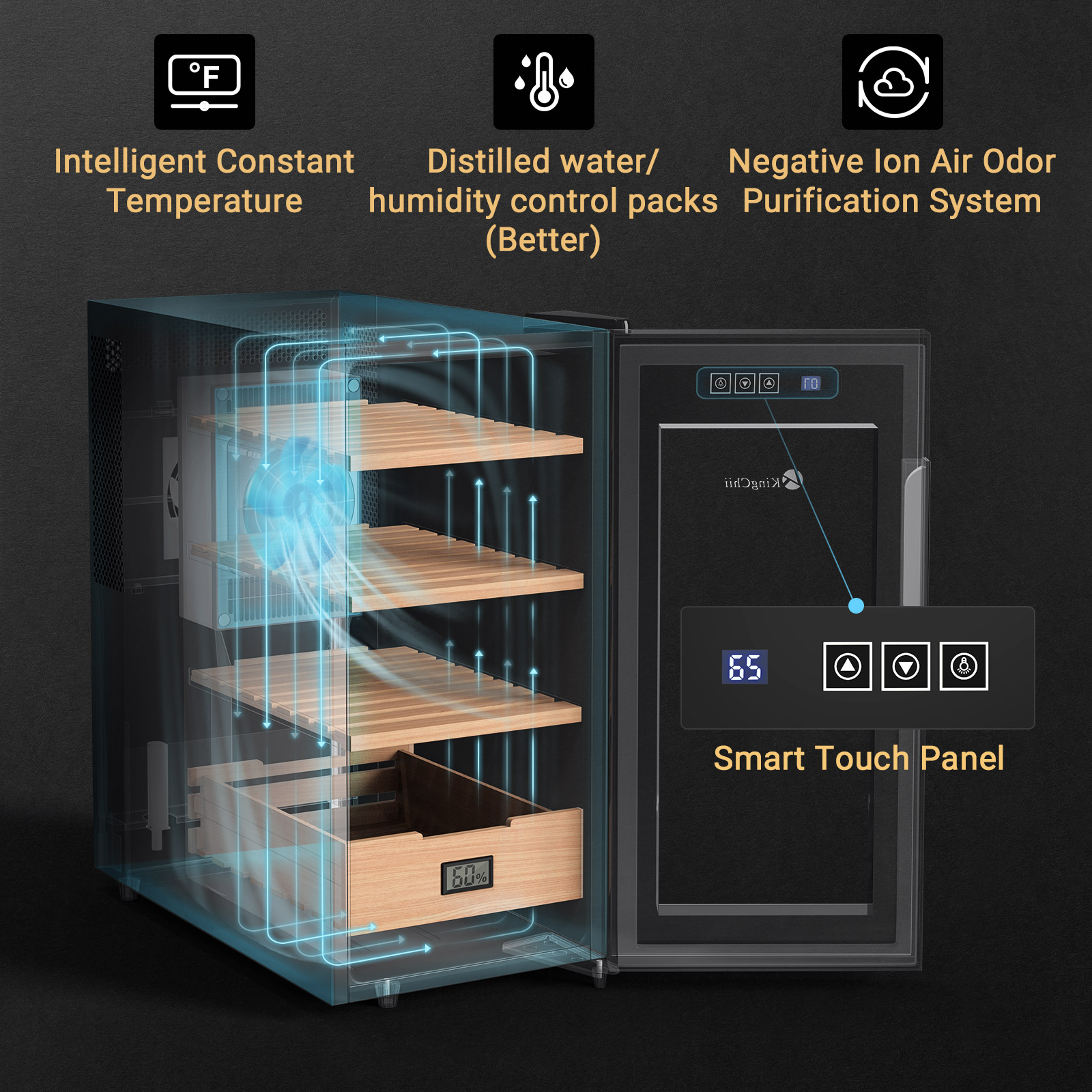 KingChii®26L Electric Cigar Humidors Cooling, Heating Control System, Electronic Humidor Cabinet with Spanish Cedar Wood Shelves & Hygrometer Gifts For Men - Father Day Gifts (4 Layers 200 Capacity)
