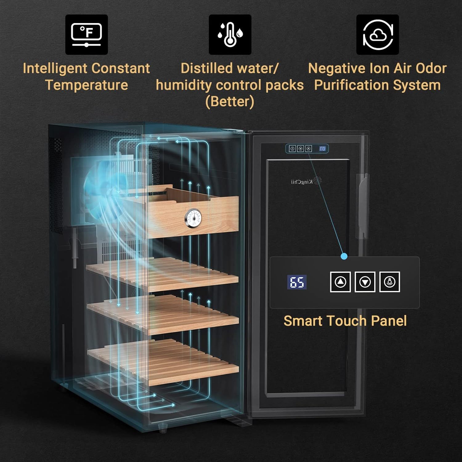 KingChii® 33L Electric Cigar Humidors Temperature Control System, Cooling & Heating Humidor Cabinet with Spanish Cedar Wood Shelves & Hygrometer, Father's Day Gifts for Men (4 Layers 250 Capacity)