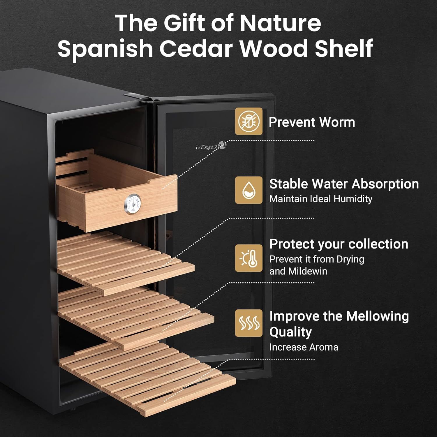 KingChii® 33L Electric Cigar Humidors Temperature Control System, Cooling & Heating Humidor Cabinet with Spanish Cedar Wood Shelves & Hygrometer, Father's Day Gifts for Men (4 Layers 250 Capacity)