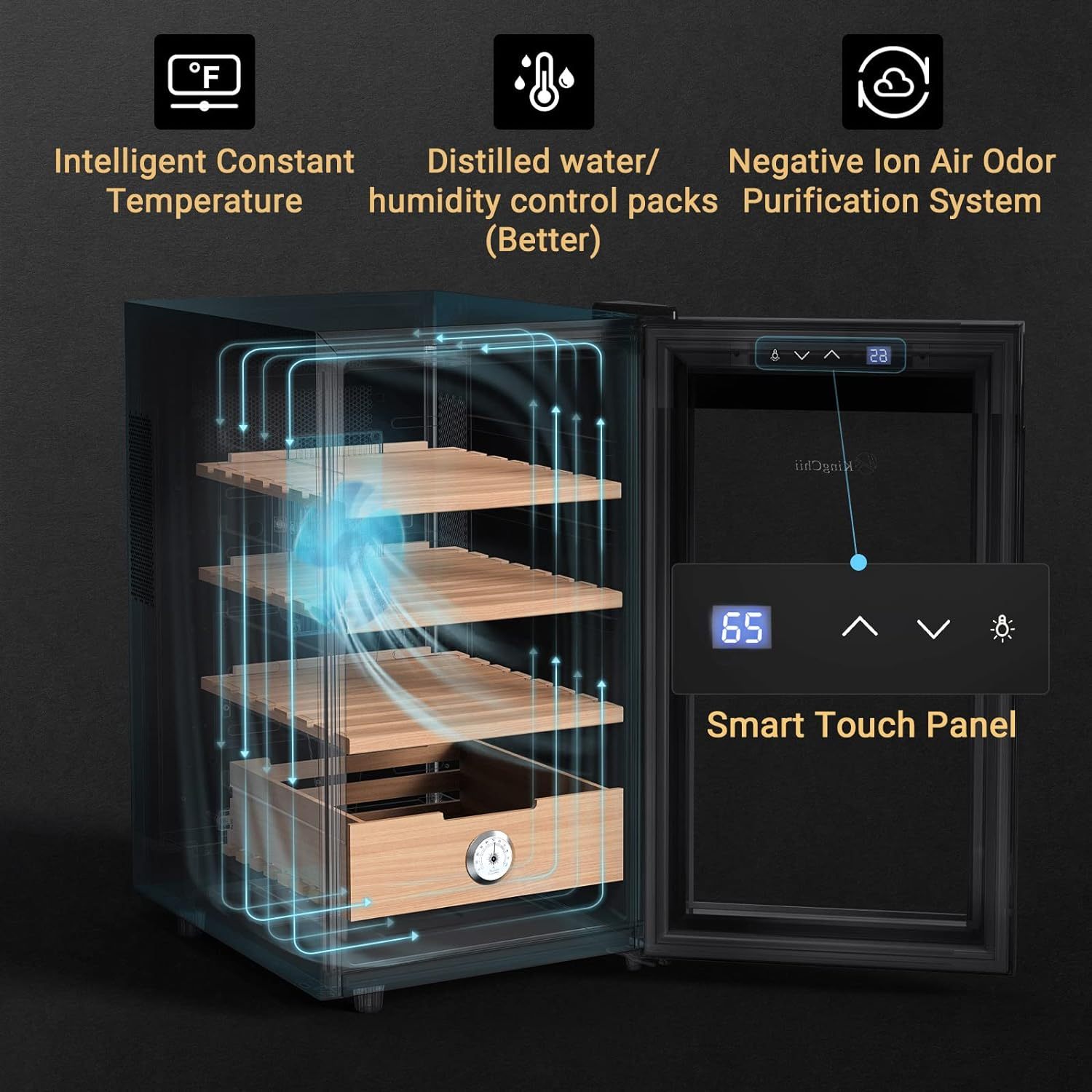 KingChii® 48L Electric Cigar Humidors Temperature Control System, Cooling & Heating Humidor Cabinet with Spanish Cedar Wood Shelves & Hygrometer, Father's Day Gifts for Men (4 Layers 300 Capacity)