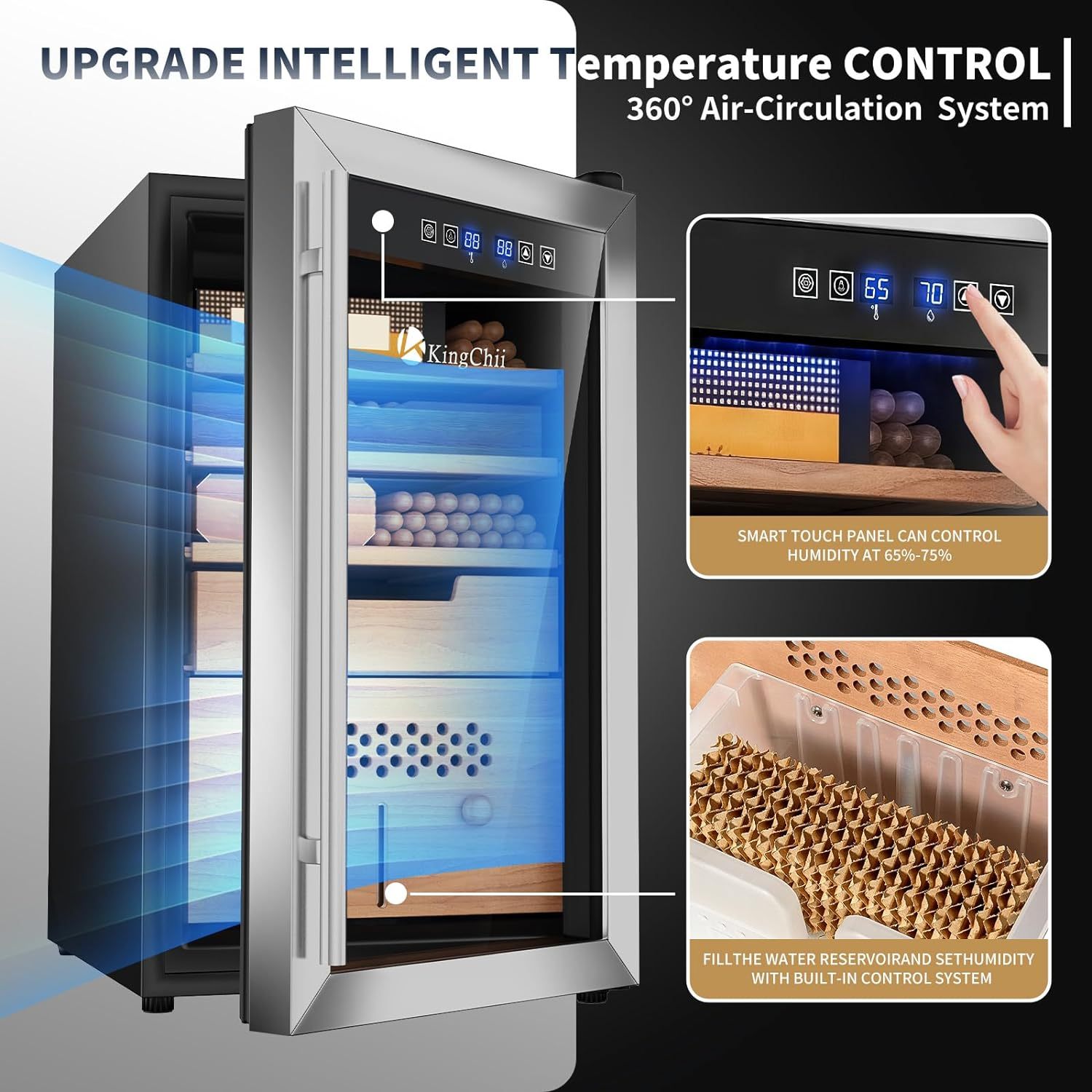KingChii® Upgrade 43L Electric Cigar Humidor Temperature & Humidity Control, Built-in Humidification System with Spanish Cedar Wood Shelf & Drawer Hygrometer Father's Day Gifts (315 Capacity)