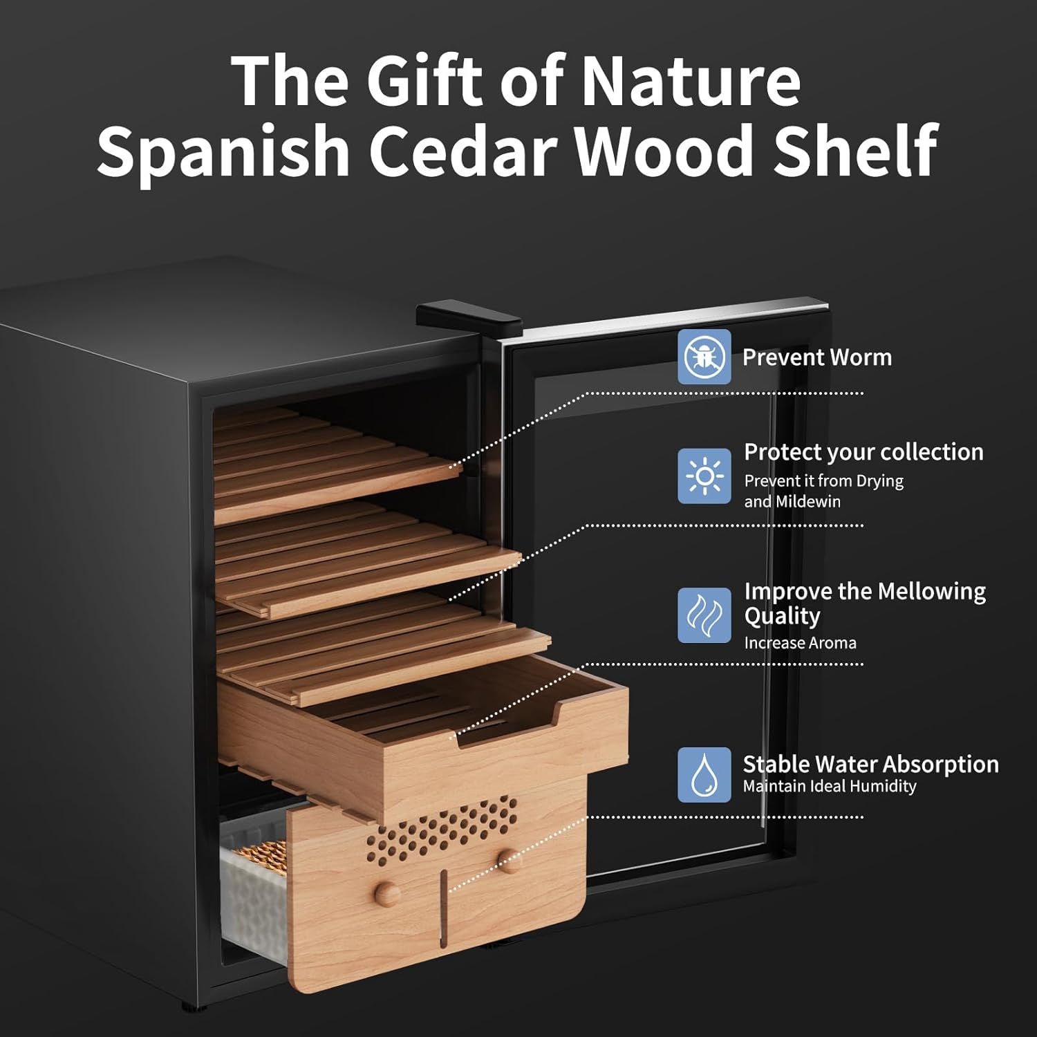 KingChii® Upgrade 43L Electric Cigar Humidor Temperature & Humidity Control, Built-in Humidification System with Spanish Cedar Wood Shelf & Drawer Hygrometer Father's Day Gifts (315 Capacity)