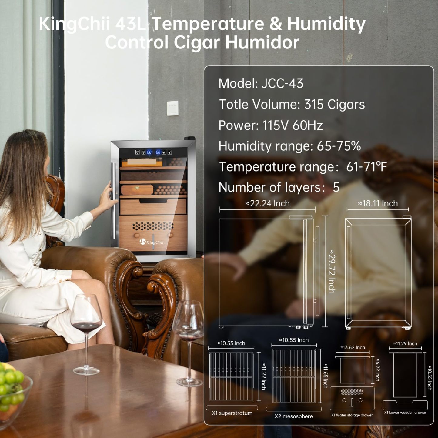 KingChii® Upgrade 43L Electric Cigar Humidor Temperature & Humidity Control, Built-in Humidification System with Spanish Cedar Wood Shelf & Drawer Hygrometer Father's Day Gifts (315 Capacity)
