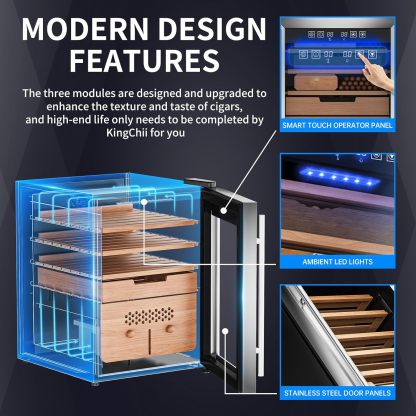 KingChii® Upgrade 58L Electric Cigar Humidor Temperature & Humidity Control, Built-in Humidification System with Spanish Cedar Wood Shelves & Drawer Hygrometer Father's Day Gifts for Men(382 Capacity)