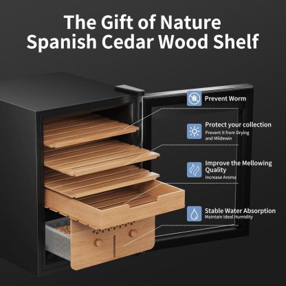 KingChii® Upgrade 58L Electric Cigar Humidor Temperature & Humidity Control, Built-in Humidification System with Spanish Cedar Wood Shelves & Drawer Hygrometer Father's Day Gifts for Men(382 Capacity)