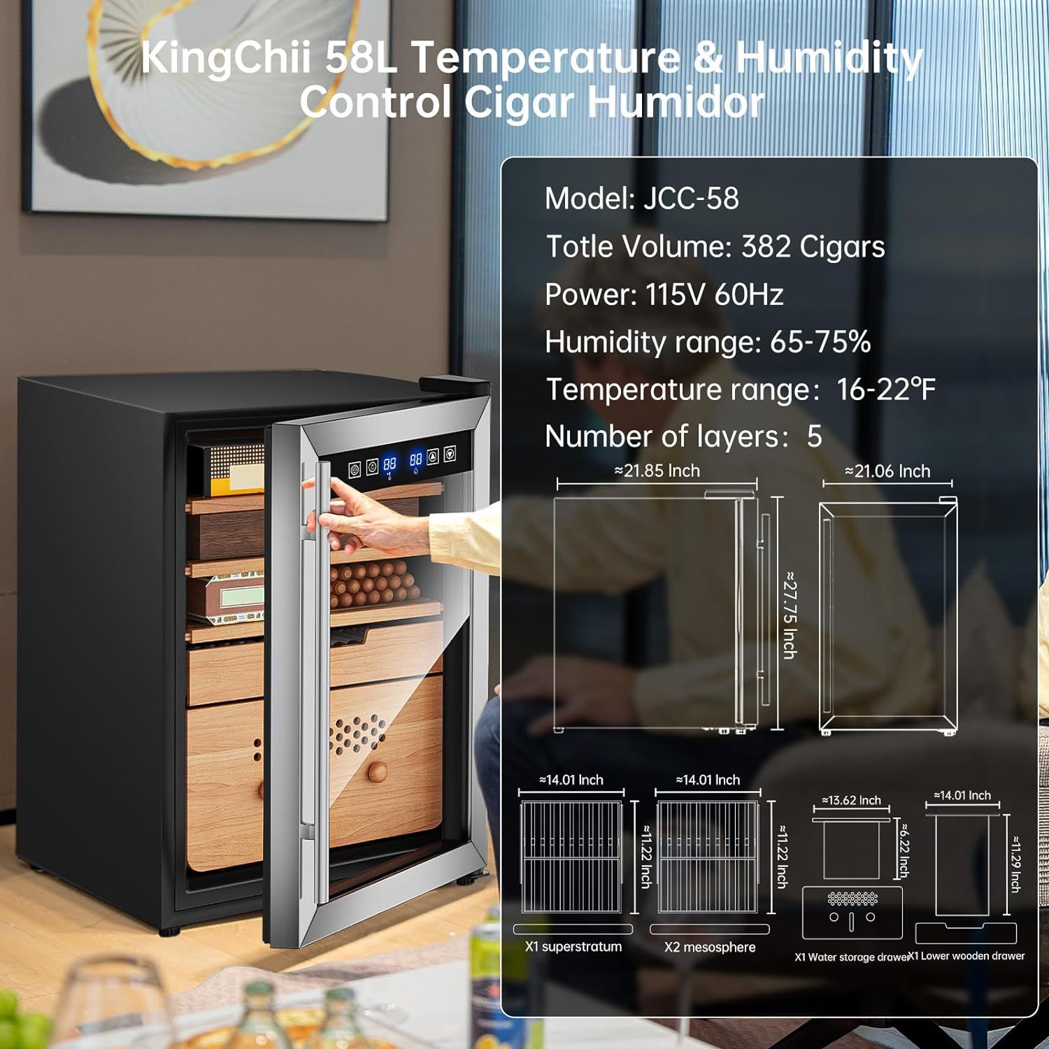 KingChii® Upgrade 58L Electric Cigar Humidor Temperature & Humidity Control, Built-in Humidification System with Spanish Cedar Wood Shelves & Drawer Hygrometer Father's Day Gifts for Men(382 Capacity)
