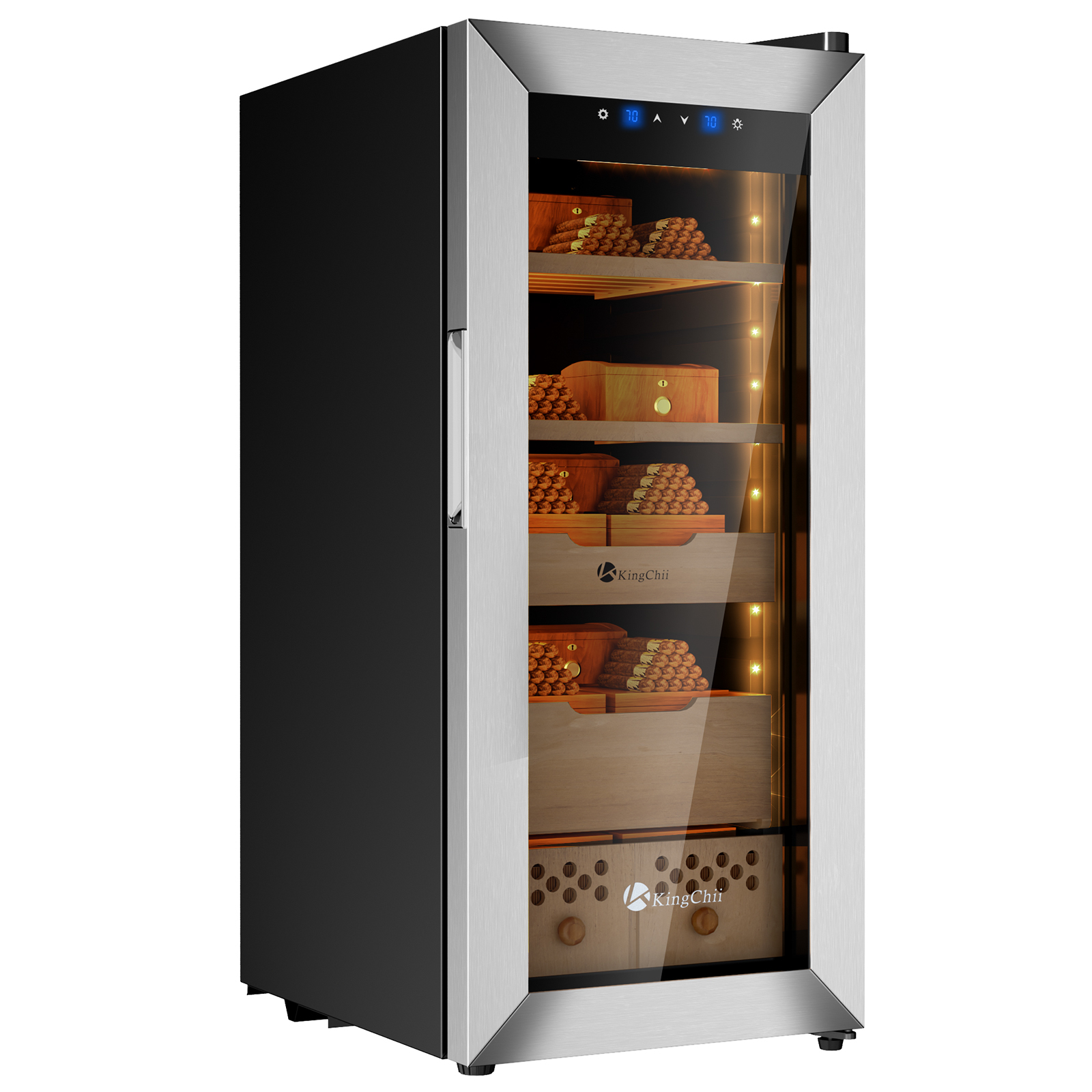 KingChii Upgrade 60L Electric Temperature & Humidity Control Cigar Humidor, Built-in Humidification System with Spanish Cedar Wood Shelves & Drawer Hygrometer for Men(550Capacity)