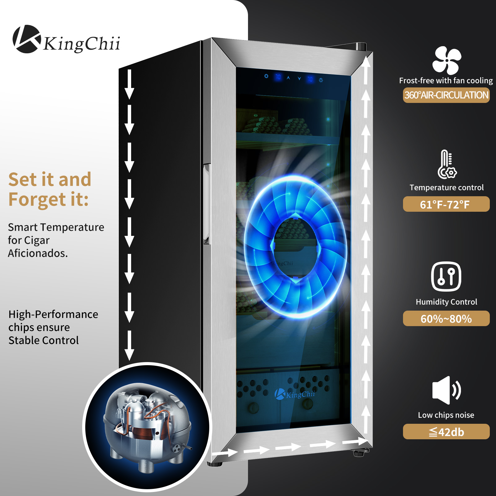 KingChii Upgrade 60L Electric Temperature & Humidity Control Cigar Humidor, Built-in Humidification System with Spanish Cedar Wood Shelves & Drawer Hygrometer for Men(550Capacity)