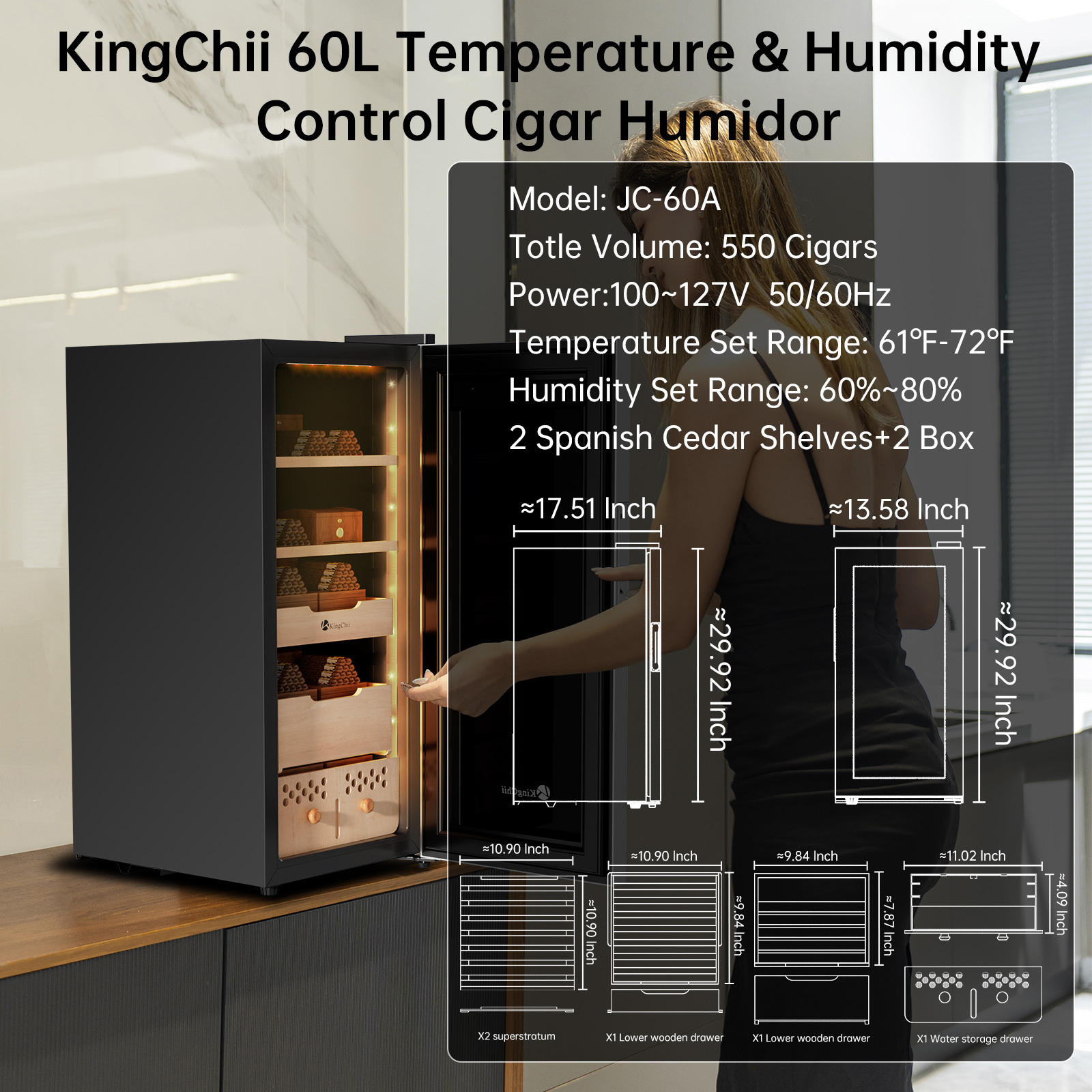 KingChii Upgrade 60L Electric Temperature & Humidity Control Cigar Humidor, Built-in Humidification System with Spanish Cedar Wood Shelves & Drawer Hygrometer for Men(550Capacity)