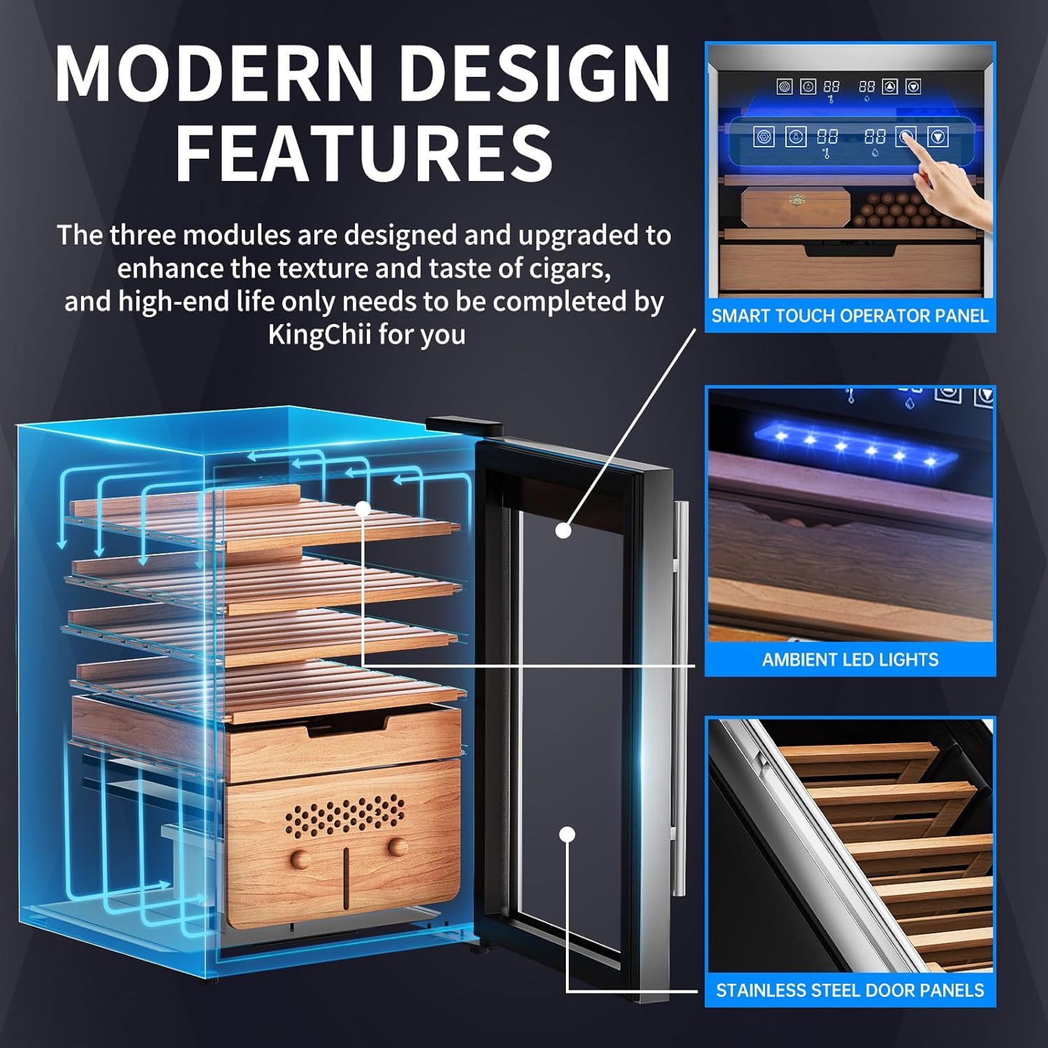 KingChii® Upgrade 70L Electric Temperature & Humidity Control Cigar Humidor, Built-in Humidification System with Spanish Cedar Wood Shelves & Drawer Hygrometer Father's Day Gifts For Men(486 Capacity)