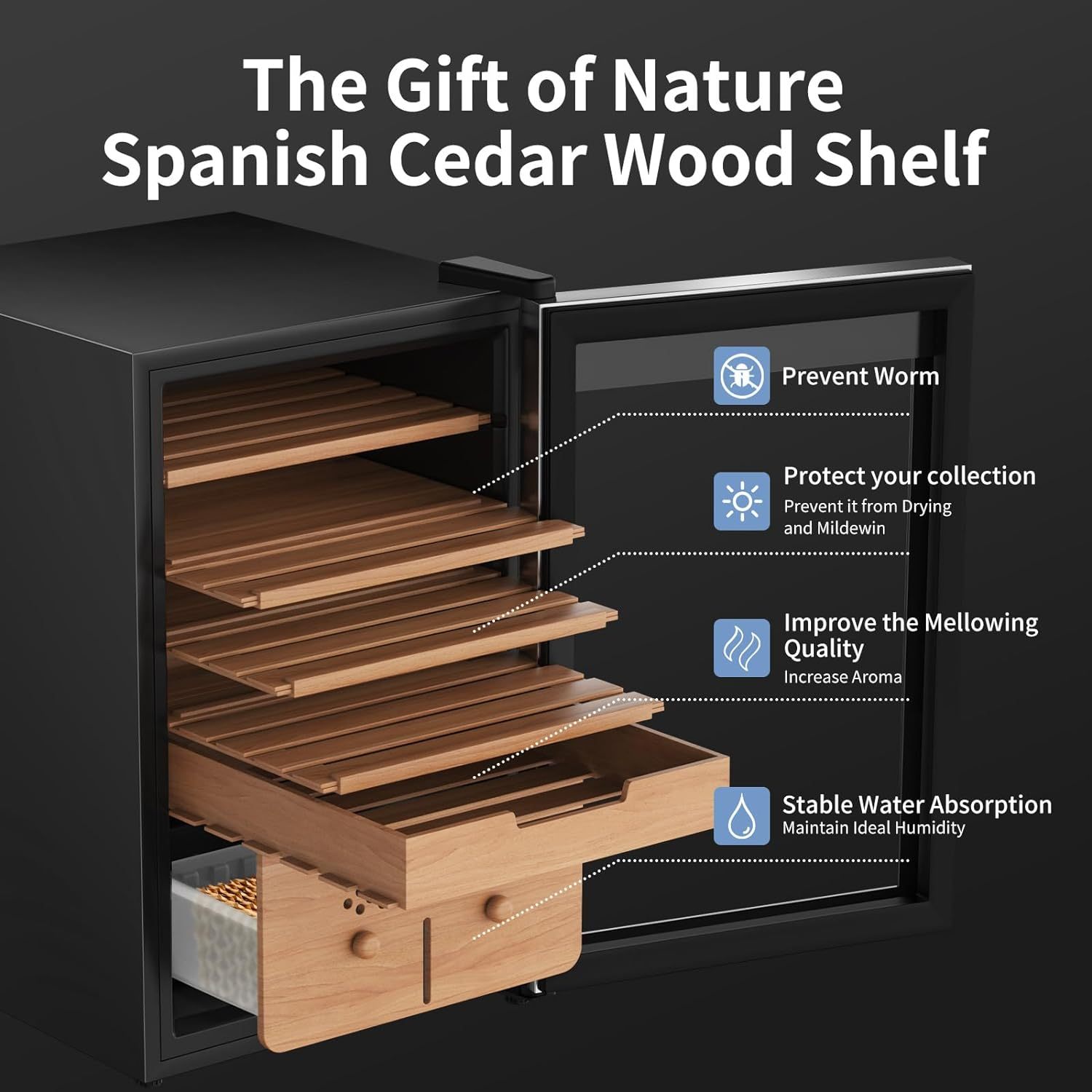 KingChii® Upgrade 70L Electric Temperature & Humidity Control Cigar Humidor, Built-in Humidification System with Spanish Cedar Wood Shelves & Drawer Hygrometer Father's Day Gifts For Men(486 Capacity)