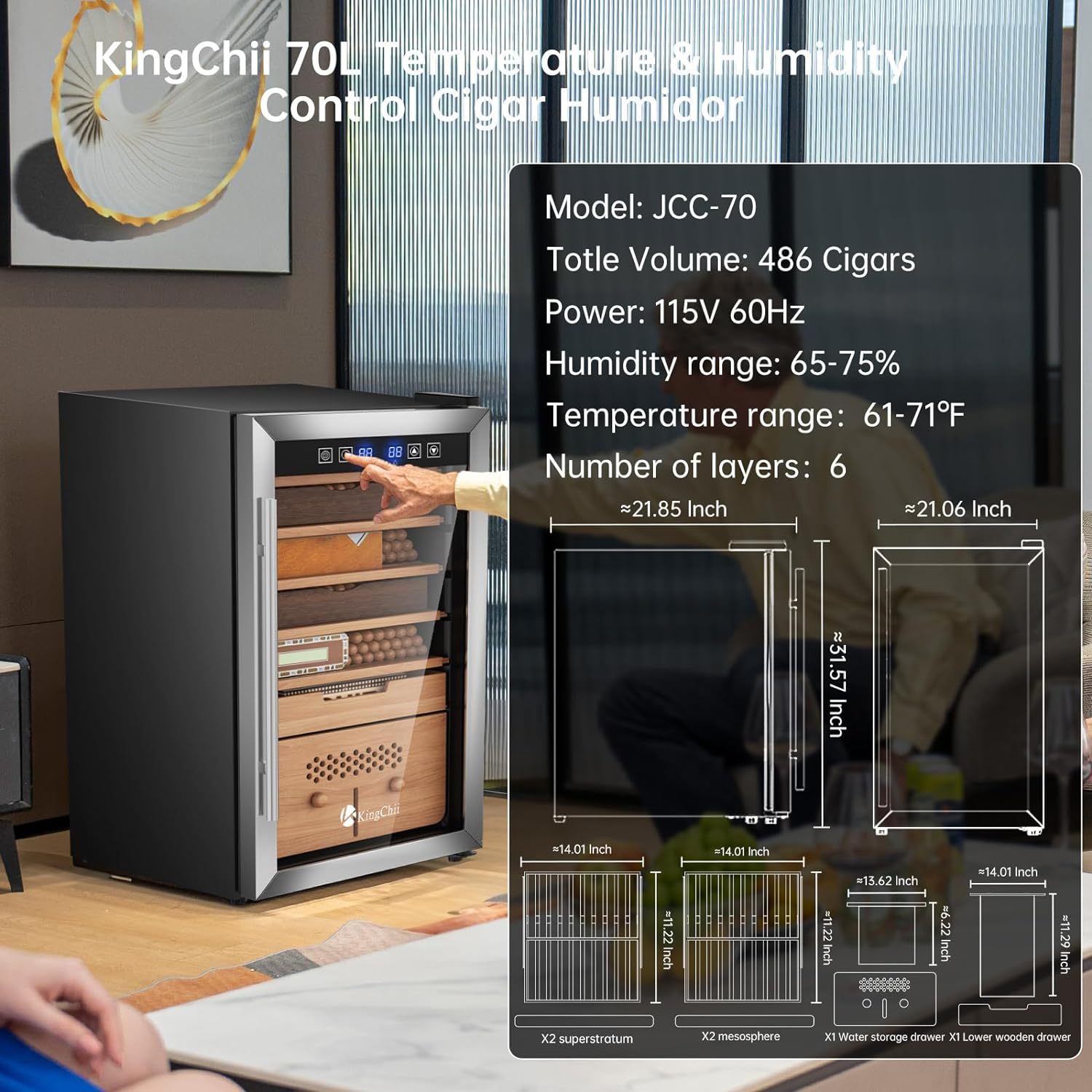 KingChii® Upgrade 70L Electric Temperature & Humidity Control Cigar Humidor, Built-in Humidification System with Spanish Cedar Wood Shelves & Drawer Hygrometer Father's Day Gifts For Men(486 Capacity)