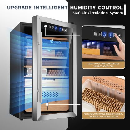 KingChii® Upgrade 82L Electric Cigar Humidor Temperature & Humidity Control, Built-in Humidification System with Spanish Cedar Wood Shelves & Drawer Hygrometer Father's Day Gifts for Men(574 Capacity)
