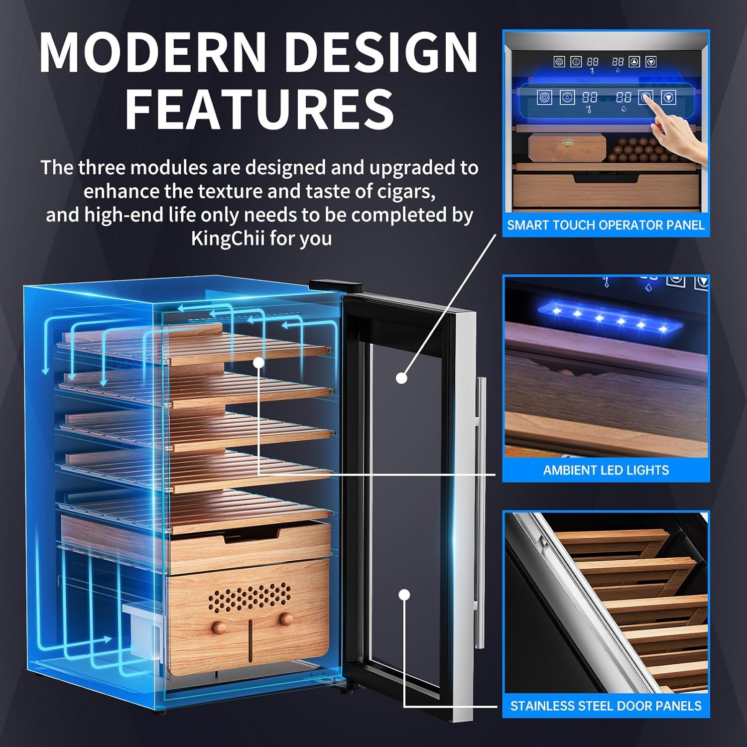 KingChii® Upgrade 82L Electric Cigar Humidor Temperature & Humidity Control, Built-in Humidification System with Spanish Cedar Wood Shelves & Drawer Hygrometer Father's Day Gifts for Men(574 Capacity)