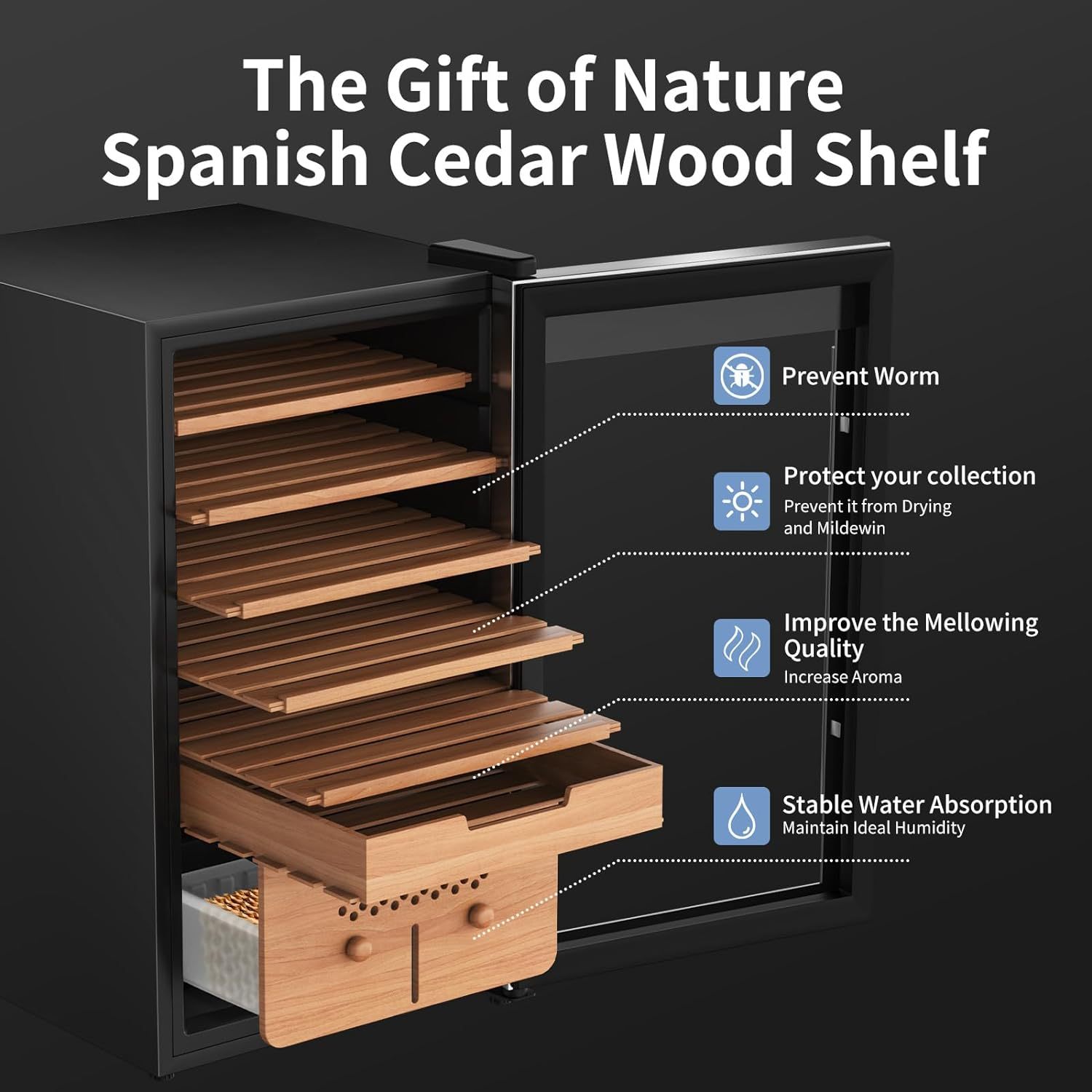 KingChii® Upgrade 82L Electric Cigar Humidor Temperature & Humidity Control, Built-in Humidification System with Spanish Cedar Wood Shelves & Drawer Hygrometer Father's Day Gifts for Men(574 Capacity)