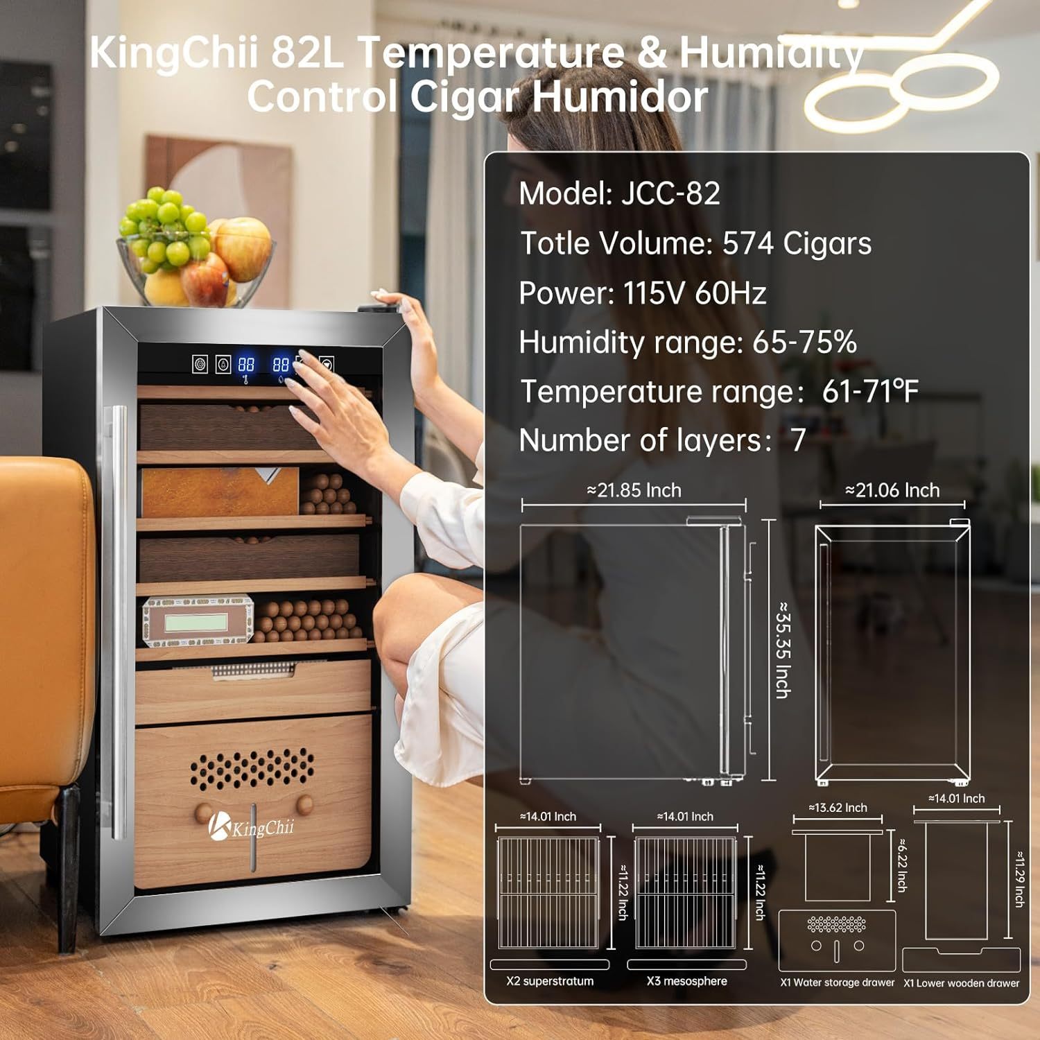 KingChii® Upgrade 82L Electric Cigar Humidor Temperature & Humidity Control, Built-in Humidification System with Spanish Cedar Wood Shelves & Drawer Hygrometer Father's Day Gifts for Men(574 Capacity)