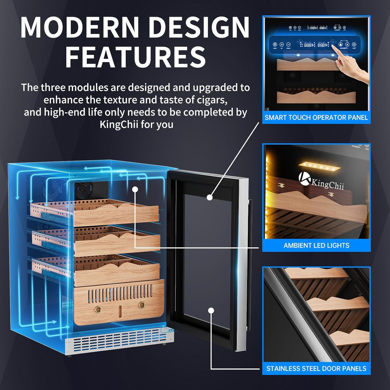 KingChii® Upgrade 145L Electric Cigar Humidor Temperature & Humidity Control, Built-in Humidification System with Spanish Cedar Wood Shelves & Drawer Hygrometer Father's Day Gifts For Men(650 Capacity)