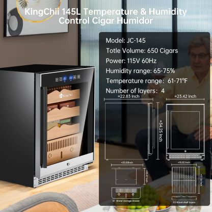 KingChii® Upgrade 145L Electric Cigar Humidor Temperature & Humidity Control, Built-in Humidification System with Spanish Cedar Wood Shelves & Drawer Hygrometer Father's Day Gifts For Men(650 Capacity)