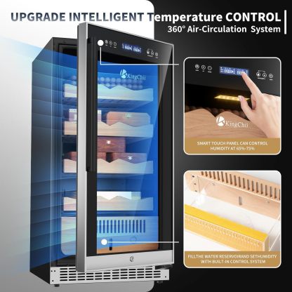 KingChii® Upgrade 265L Electric Cigar Humidor Temperature & Humidity Control, Built-in Humidification System with Spanish Cedar Wood Shelves & Drawer Hygrometer Father's Day Gift For Men(1500 Capacity)