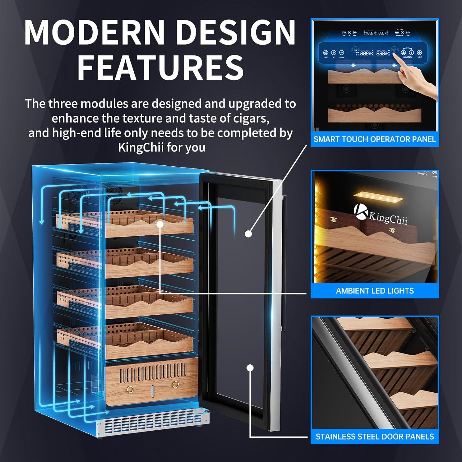 KingChii® Upgrade 265L Electric Cigar Humidor Temperature & Humidity Control, Built-in Humidification System with Spanish Cedar Wood Shelves & Drawer Hygrometer Father's Day Gift For Men(1500 Capacity)