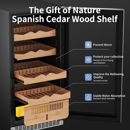 KingChii® Upgrade 265L Electric Cigar Humidor Temperature & Humidity Control, Built-in Humidification System with Spanish Cedar Wood Shelves & Drawer Hygrometer Father's Day Gift For Men(1500 Capacity)
