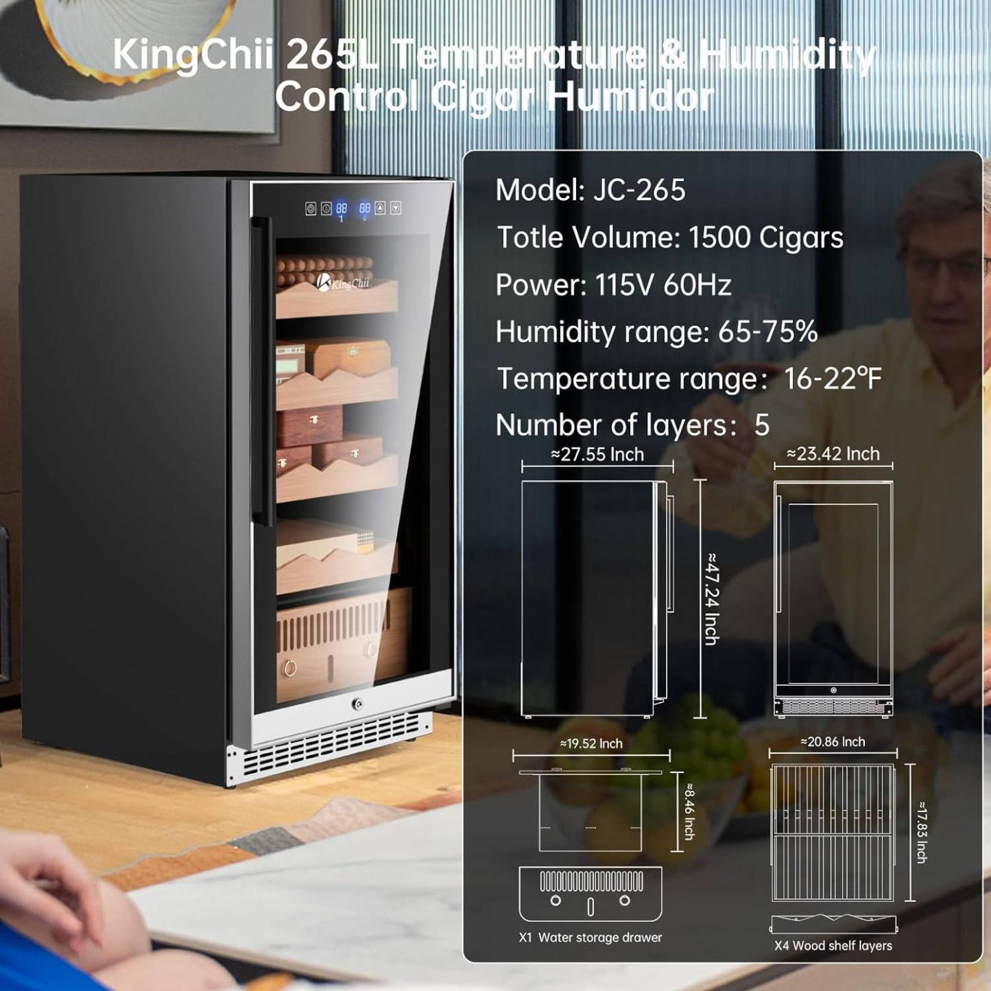 KingChii® Upgrade 265L Electric Cigar Humidor Temperature & Humidity Control, Built-in Humidification System with Spanish Cedar Wood Shelves & Drawer Hygrometer Father's Day Gift For Men(1500 Capacity)