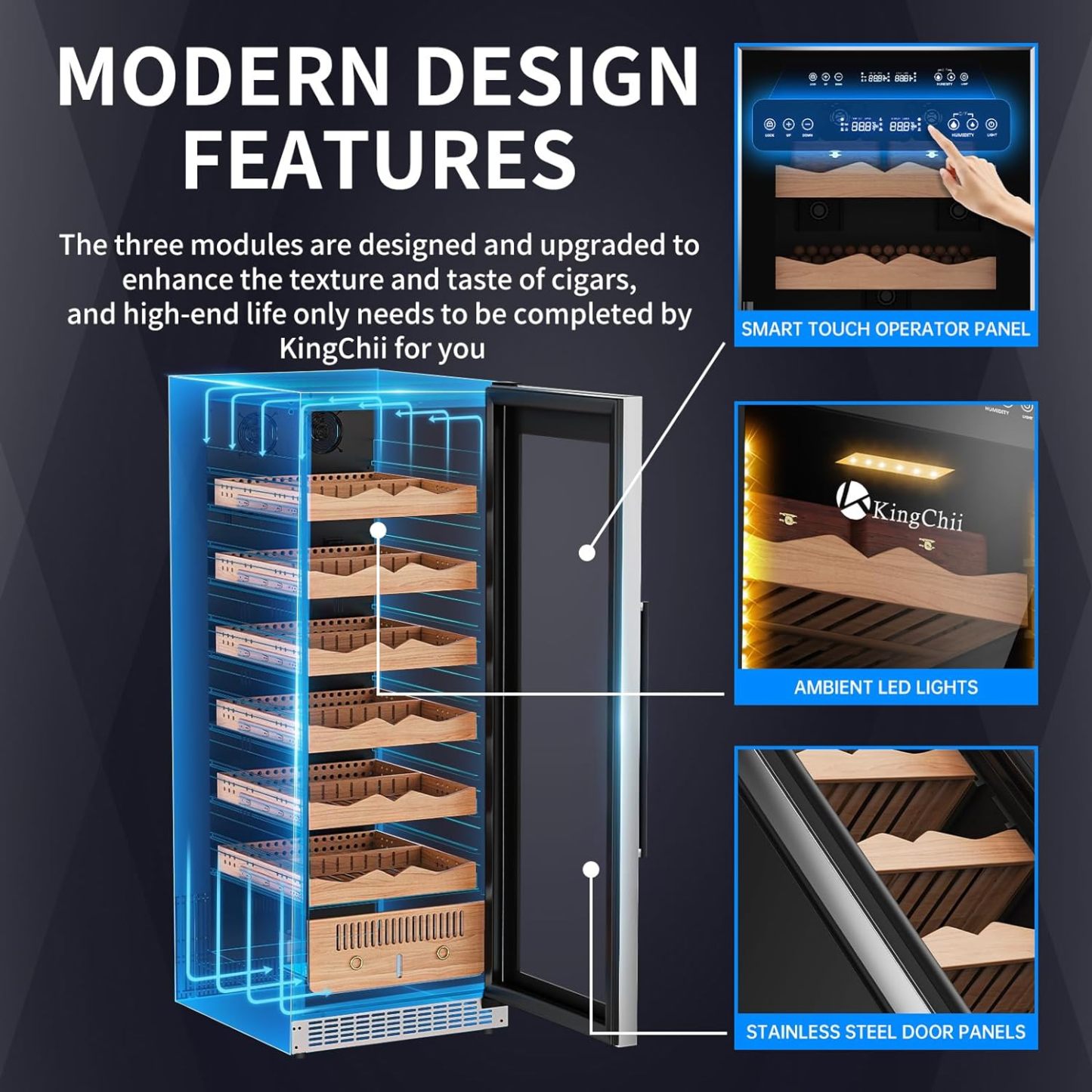 KingChii® Upgrade 375L Electric Cigar Humidor Temperature & Humidity Control, Built-in Humidification System with Spanish Cedar Wood Shelves & Drawer Hygrometer Father's Day Gift For Men(1875 Capacity)