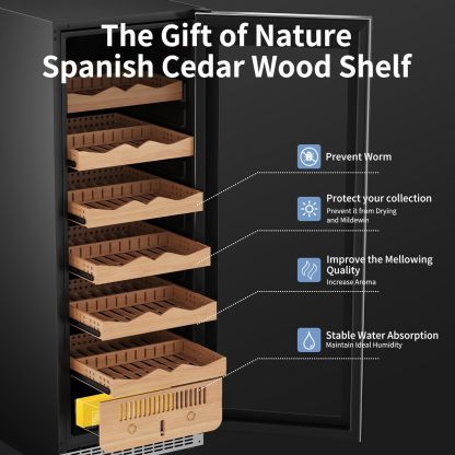 KingChii® Upgrade 375L Electric Cigar Humidor Temperature & Humidity Control, Built-in Humidification System with Spanish Cedar Wood Shelves & Drawer Hygrometer Father's Day Gift For Men(1875 Capacity)