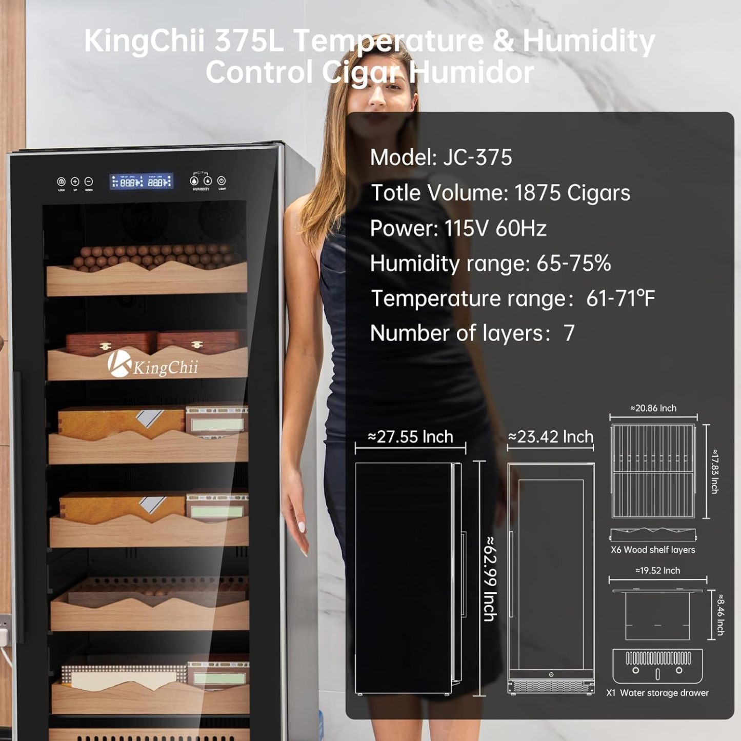 KingChii® Upgrade 375L Electric Cigar Humidor Temperature & Humidity Control, Built-in Humidification System with Spanish Cedar Wood Shelves & Drawer Hygrometer Father's Day Gift For Men(1875 Capacity)