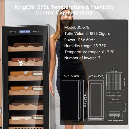 KingChii® Upgrade 375L Electric Cigar Humidor Temperature & Humidity Control, Built-in Humidification System with Spanish Cedar Wood Shelves & Drawer Hygrometer Father's Day Gift For Men(1875 Capacity)
